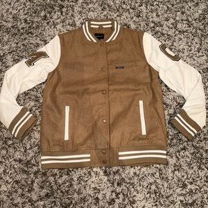 Members Only Camel and White Varsity Bomber Jacket